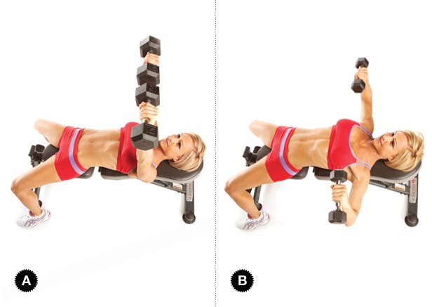 Flat-bench dumbbell chest press for total beach body circuit workout