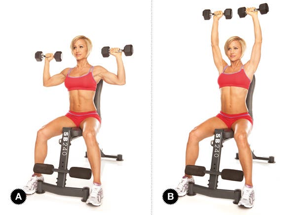 Seated dumbbell shoulder press for total beach body circuit workout