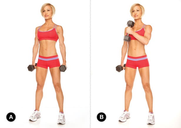 Standing dumbbell cross-chest curl for total beach body circuit workout