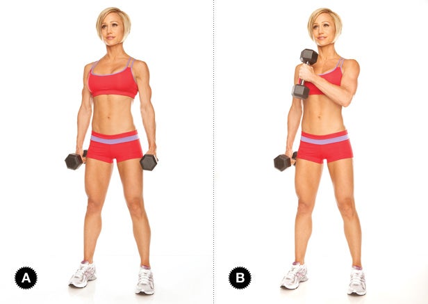 Image placeholder title Standing dumbbell cross-chest curl for total beach body circuit workout