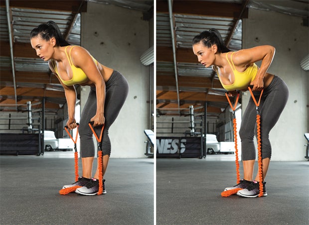Two-Arm Band Row Woman doing two-arm band row as part of total body challenge called your best body
