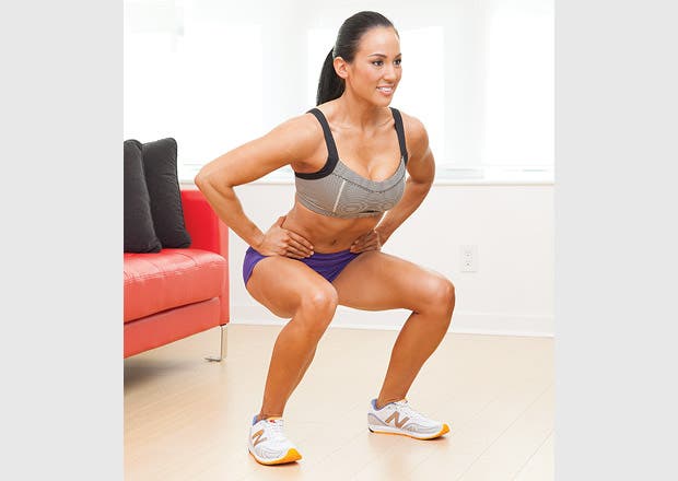 Standard squat for the lower body portion of this total body and fat loss challenge