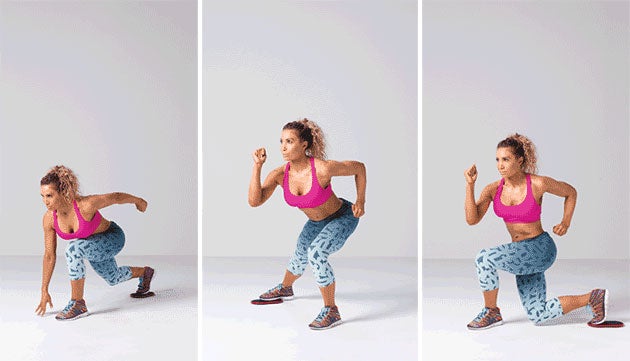 Gliding-Disc-Three-Way-Lunge Total body hourglass with gliding disc three-way lunge workout for women