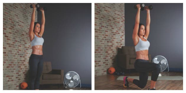 2 overhead walking lunge Overhead Walking Lunge - Dumbbell Workout