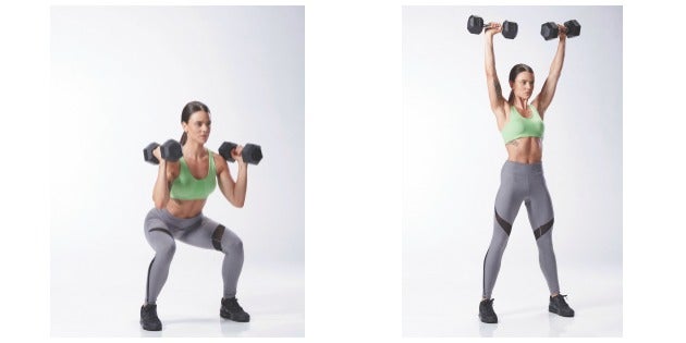 dumbbell thruster Dumbbell thruster for day 1 of the 8-week total body program