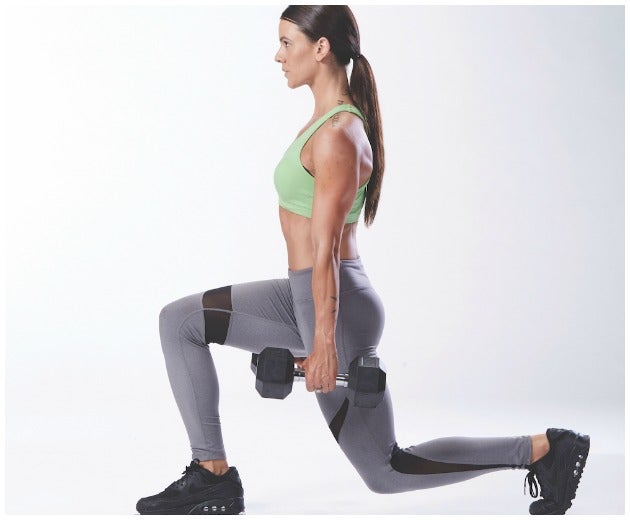 dumbbell walking lunge Dumbbell walking lunge for day 1 of the 8-week total body program