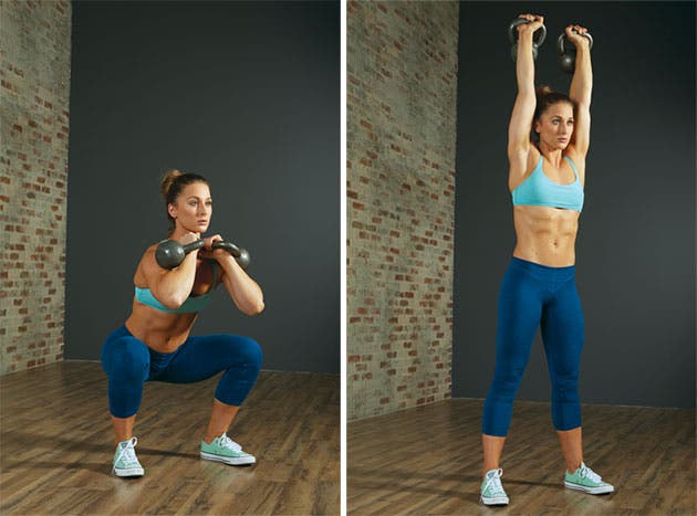 Double-Kettlebell-Squat-Overhead-Press Double-Kettlebell Squat + Overhead Press - Anti-Aging Workout