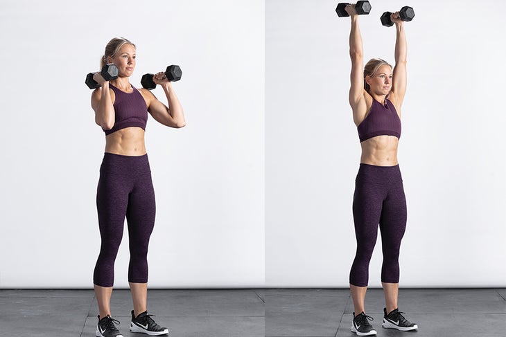 Push 2 Woman doing an overhead shoulder press with dumbbells