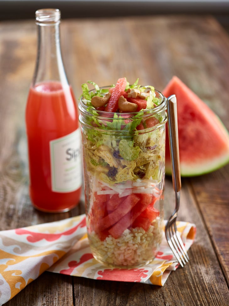 Stacked Curried Chicken with Watermelon and Jicama Salad None
