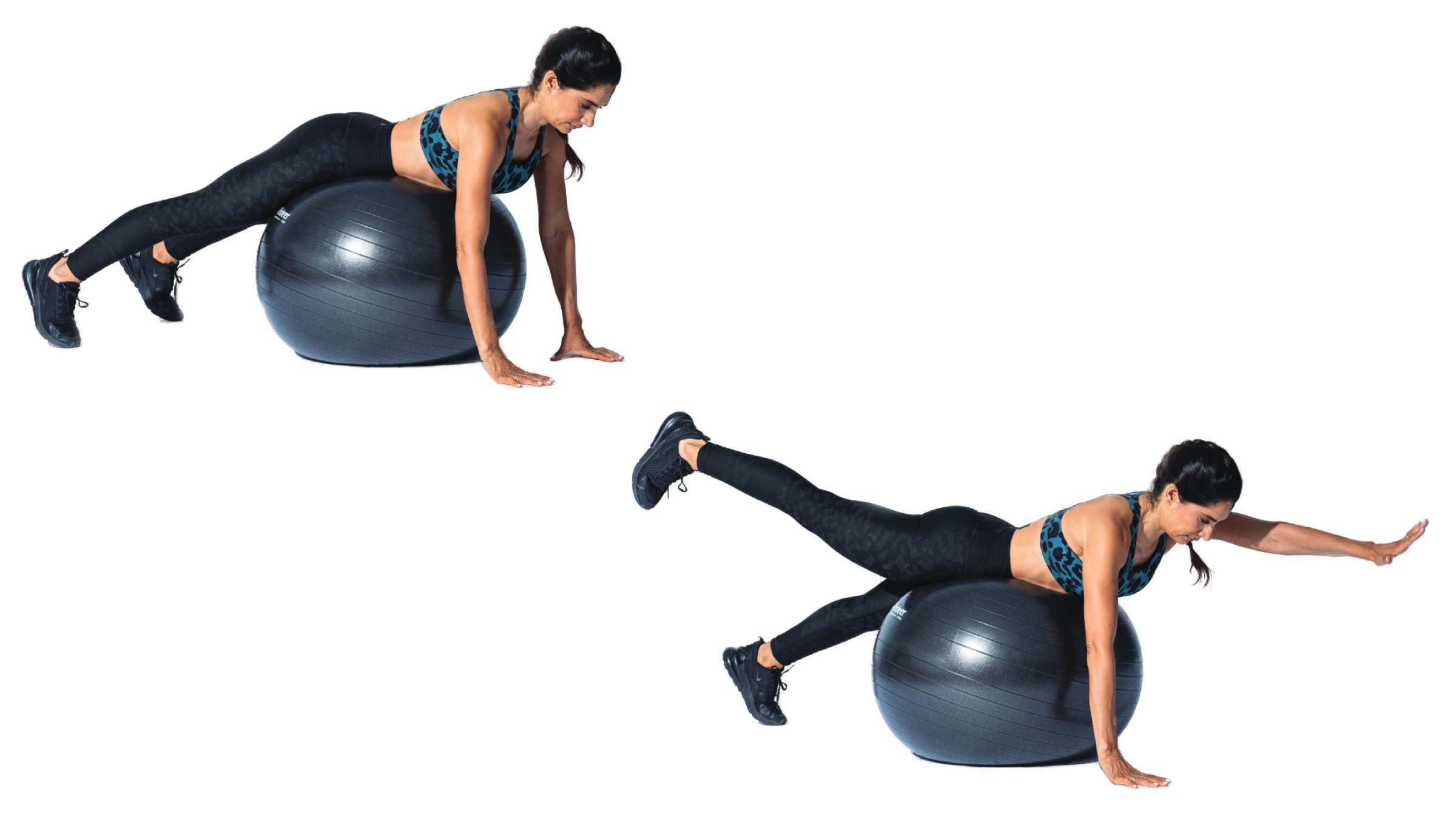 woman performing plank bird dog stability-ball core move