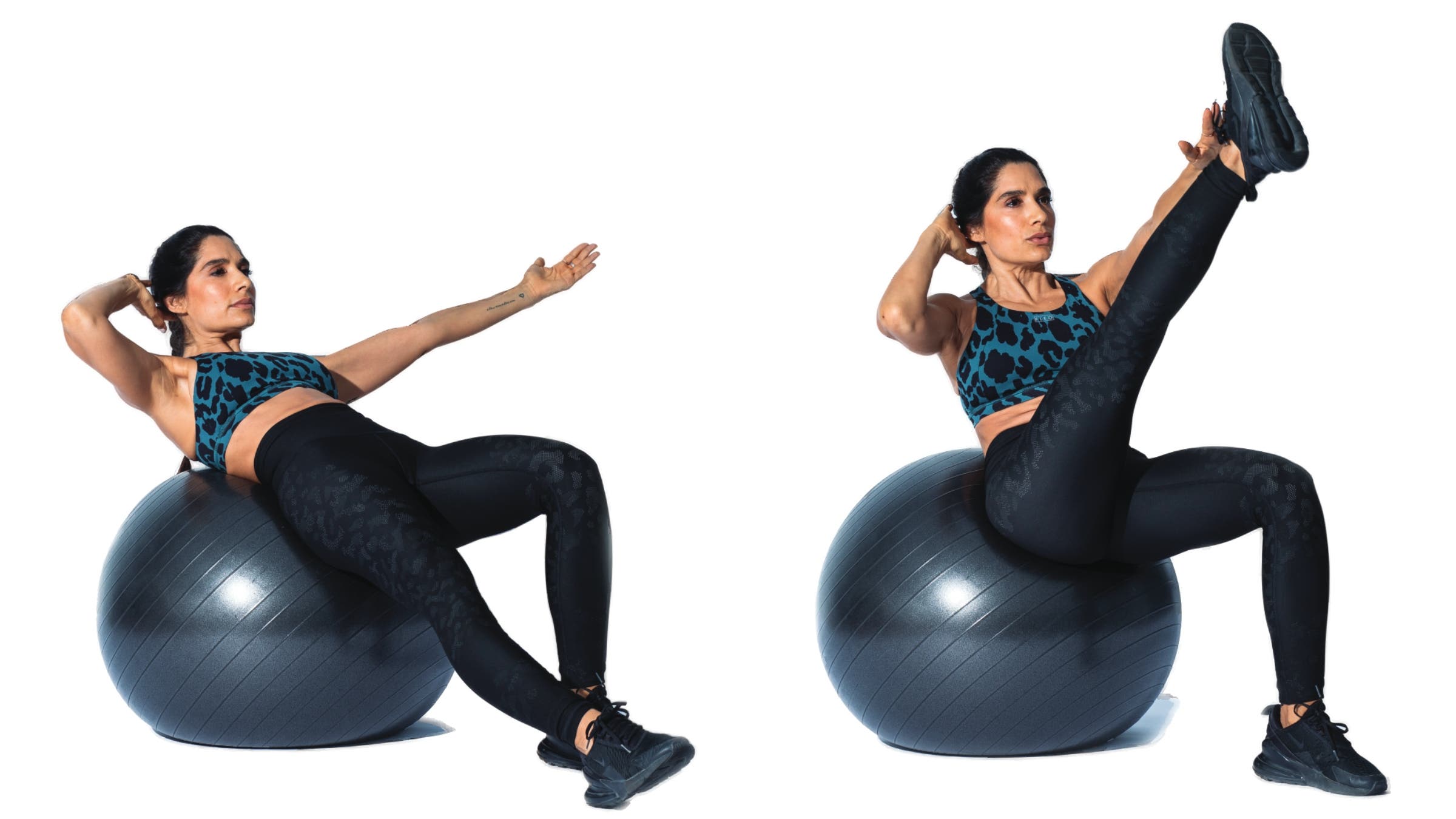 woman performing crab toe touch stability-ball core move