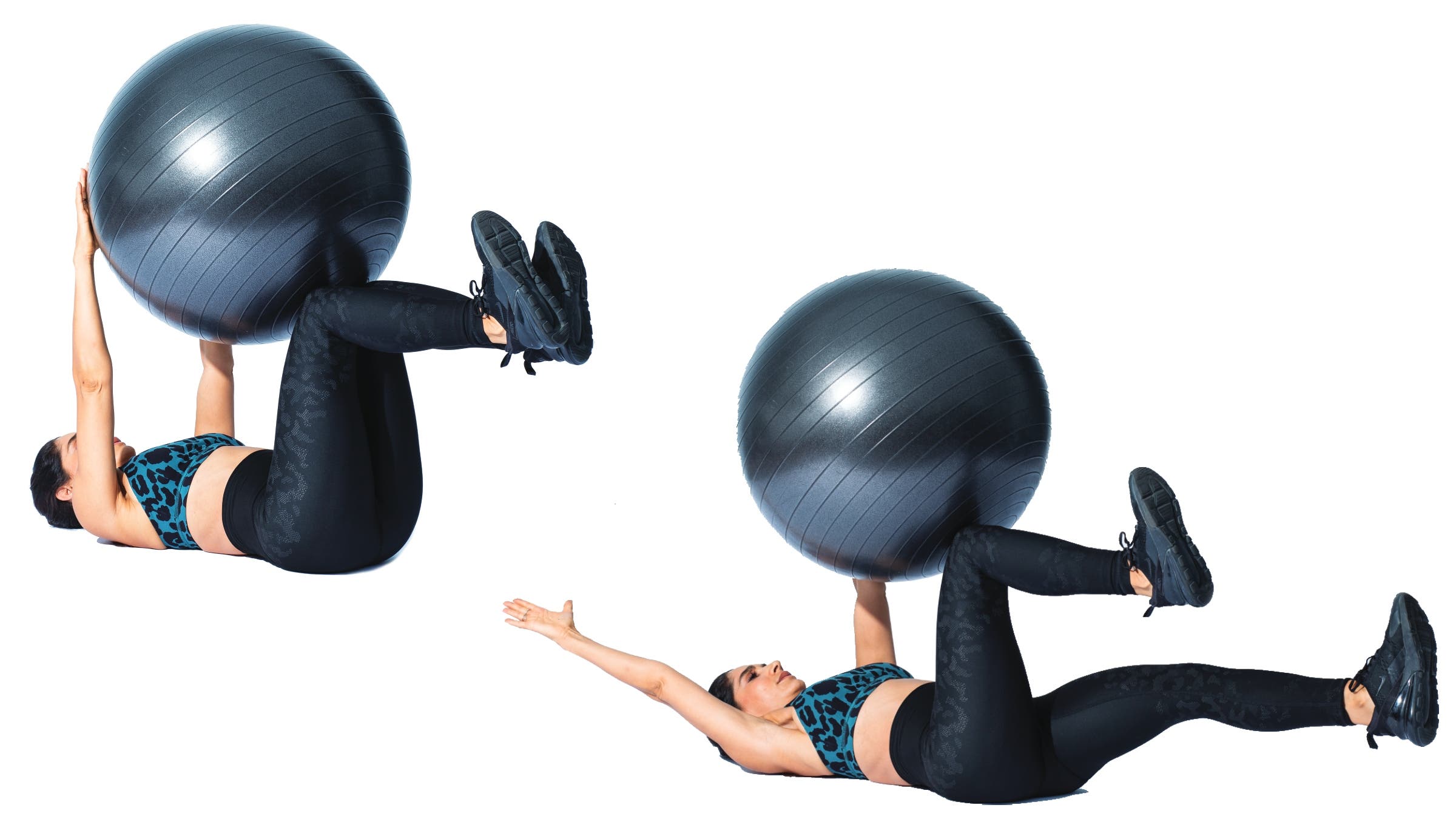 Woman performing dead bug stability-ball core exercise