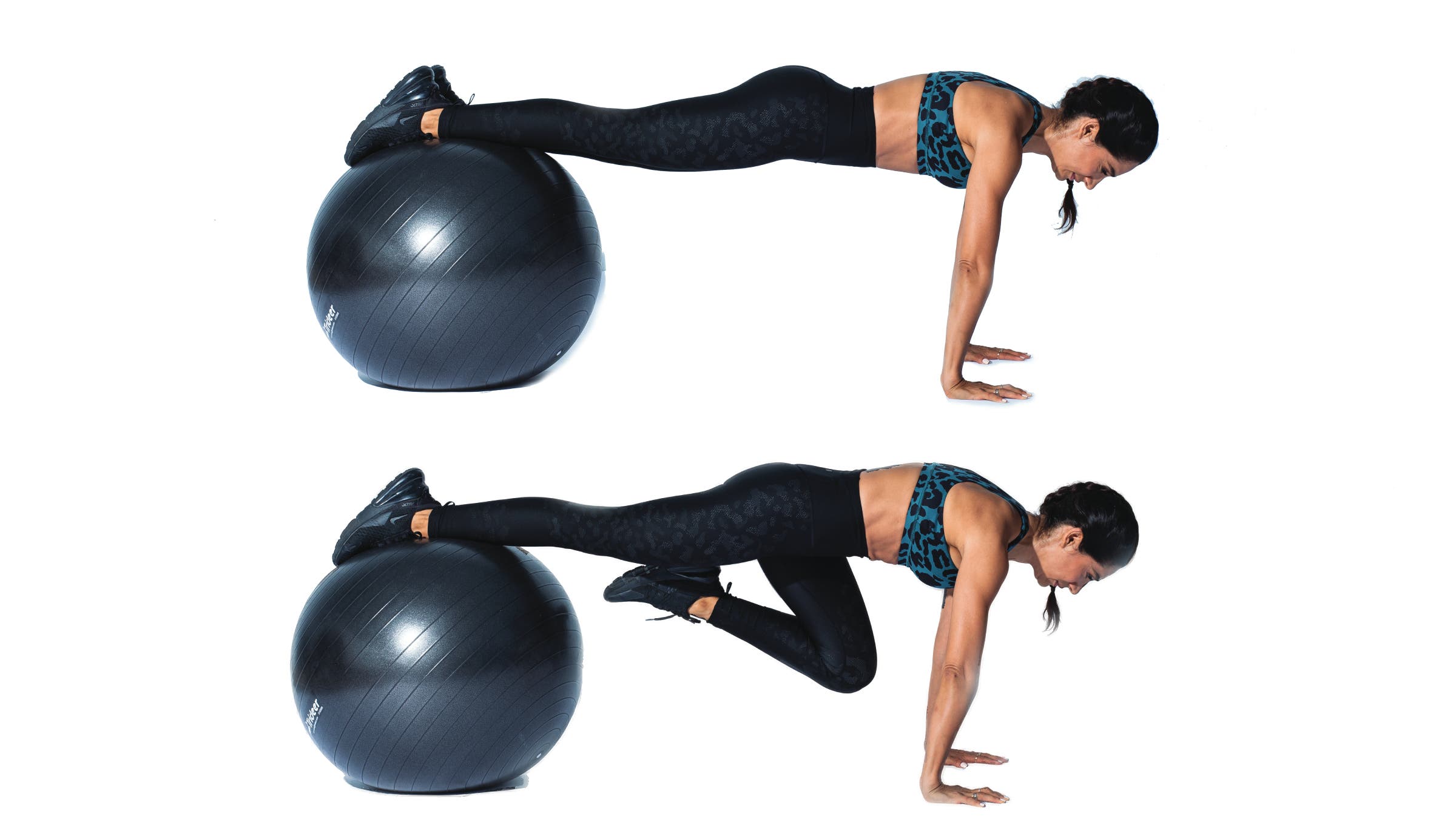 Woman performing plank knee-in hold stability-ball core move