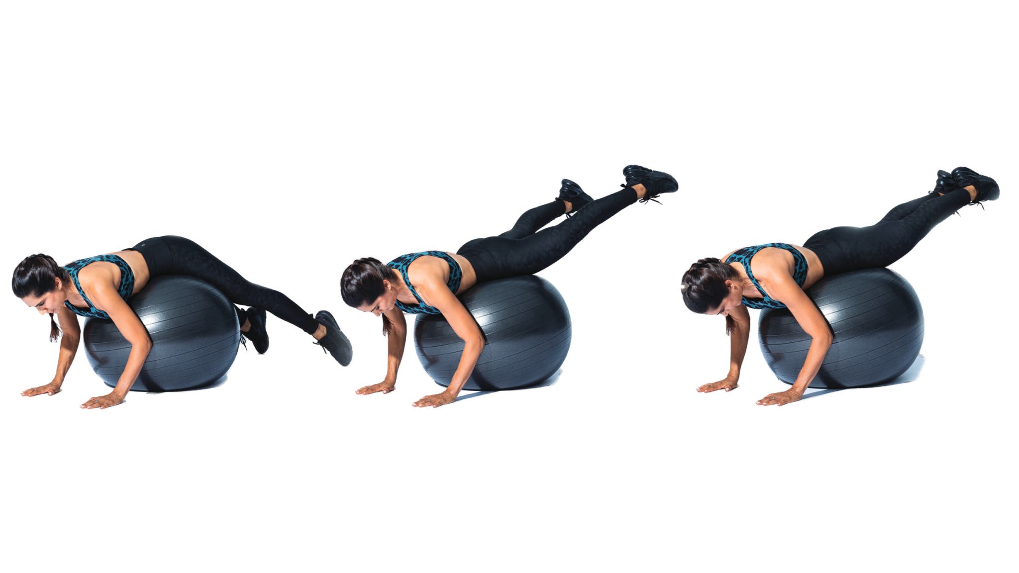 Woman performing wide-to-narrow glute raise stability ball core move