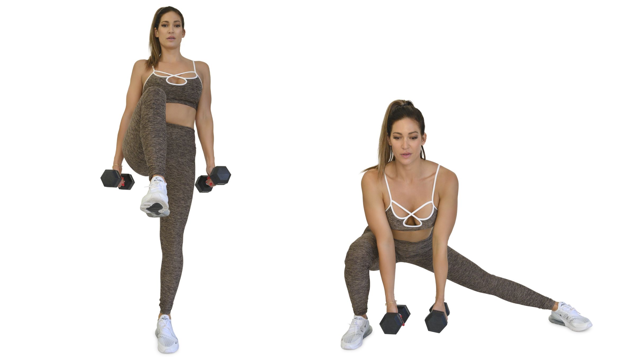 Woman demonstrating lateral lunge with knee lift