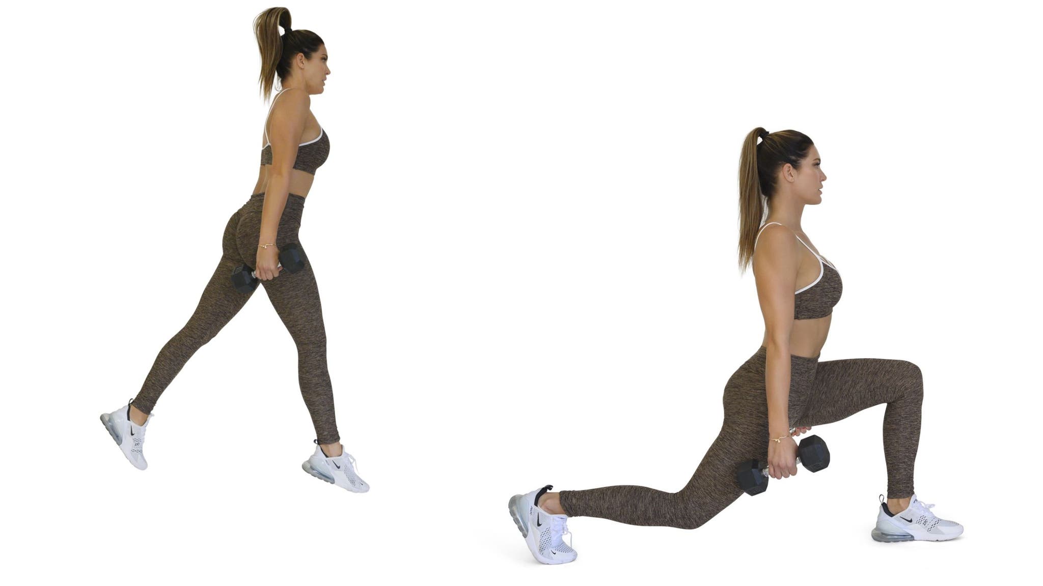 Woman demonstrating split leg lunge jump