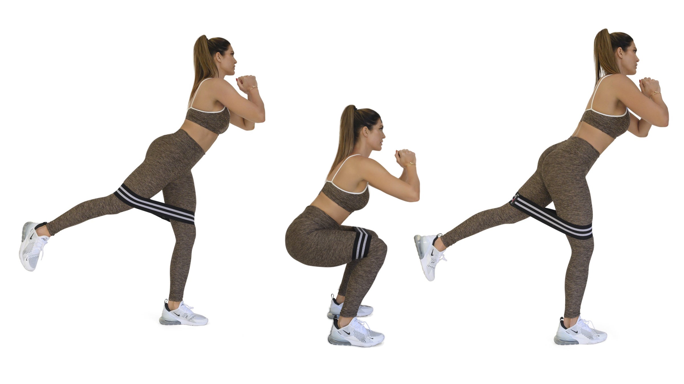 Woman demonstrating a squat with banded reverse leg lift